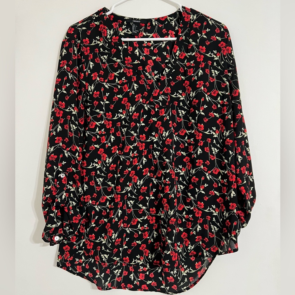 FOREVER 21 Floral V-Neck Long Sleeve Blouse Size Large